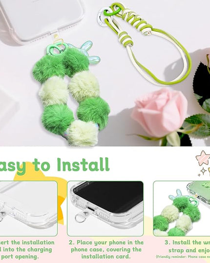2 Pcs Phone Charm Wrist Strap with Tether Tab, Double Anti Lost Fluff Ball Beaded Wrist Lanyard, Detachable Leather Phone Charms for Bag, Key Chains, Camera Decor