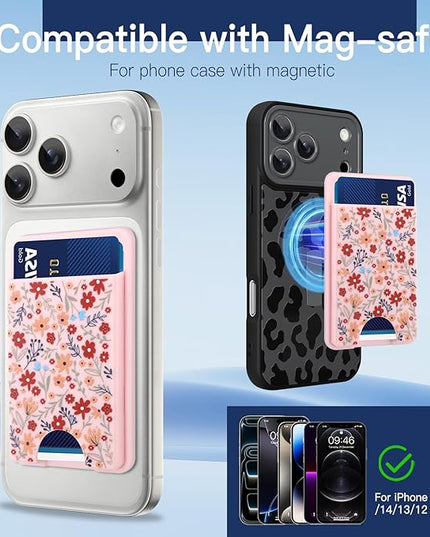 Stronger Magnetic Card Slot Wallet for iPhone 17/16/15/14/13/12 Series (Not for 13/12 Mini), Floral Pattern Hard Card Holder Fit 3 Cards Compatible with Magsafe Accessories, Pink