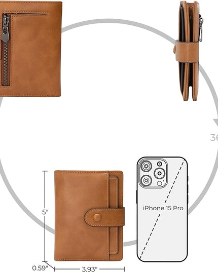 Alldaily Small RFID Blocking Leather Wallet for Women, Bifold with 10 Card Slots and Zipper Pocket (Brown)