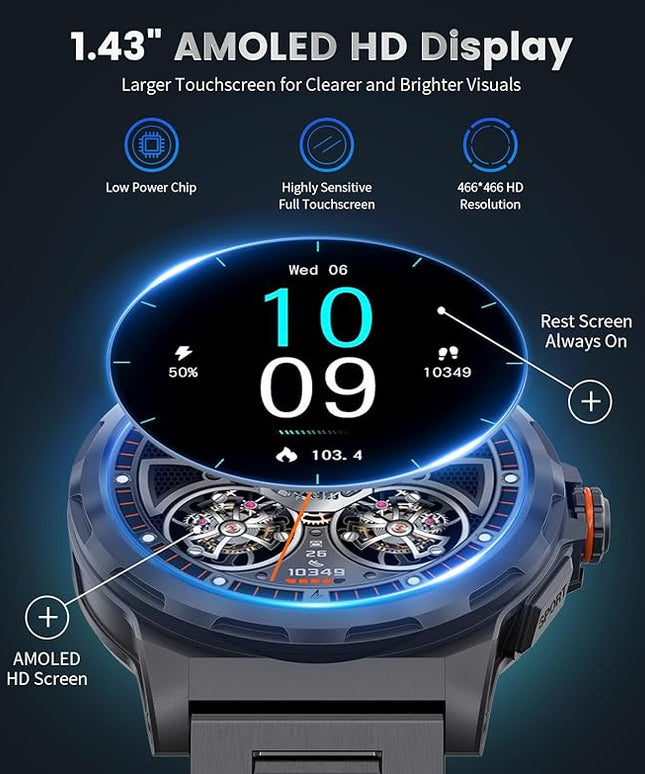 Military Smart Watch for Men(Answer/Dial Calls),1.46'' AMOLED Touchscreen/5ATM Waterproof/120+ Sports Modes Fitness Watch with Blood Pressure/Heart Rate/SpO2/Pedometer for Android/iOS Smartwatch
