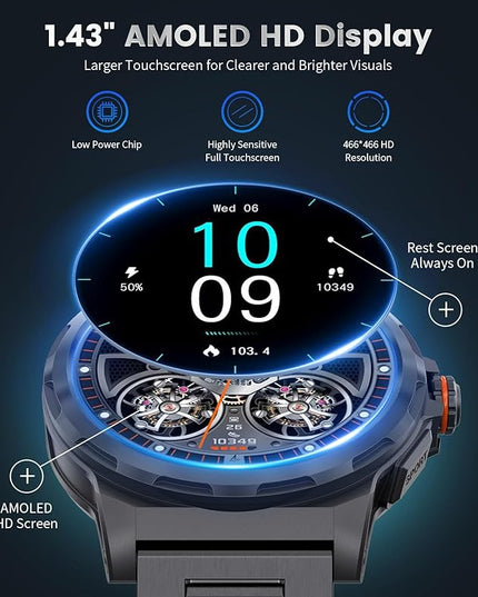 LIGE Military Smart Watch for Men(Answer/Make Call),1.43" HD AMOLED Rugged Smartwatch for iPhone Android Phone,Fitness Watch,Black Sport Watch with 120+ Sport Modes/5ATM Waterproof