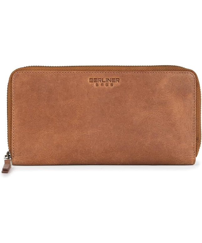 BERLINER BAGS Vintage Genuine Leather Wallet Margo, RFID Blocking Credit Card Holder, Slim Womens Wallet, Zip Around Wallet for 13 Cards and ID window, Bills, Coins - Brown
