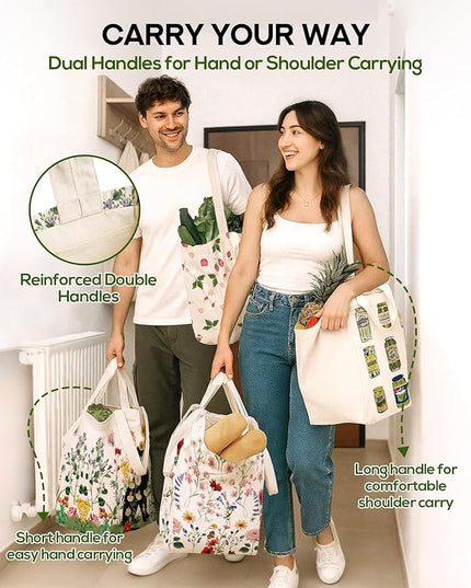 Large Canvas Grocery Tote Bag - Reusable Extra Large Shopping Shoulder Bags with 6 Inner Pockets & 2 Handle Strap