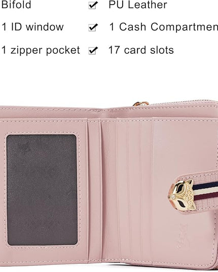 FOXLOVER Genuine Leather Zip Small Wallet Women RFID Blocking Credit Card Bifold Wallet Business Card Holder with ID Window(Pink)