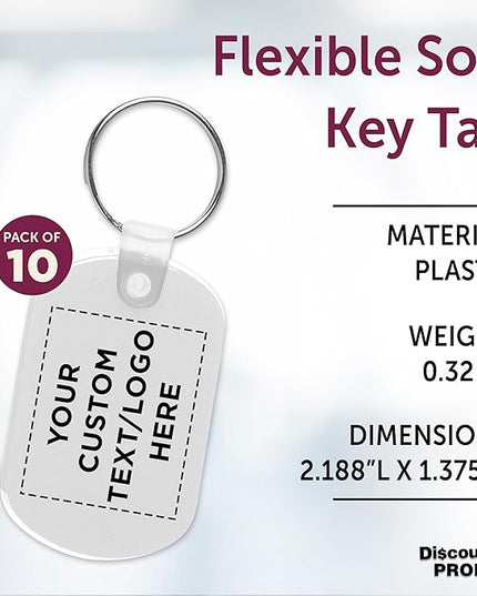 DISCOUNT PROMOS Tag Soft Plastic Keychains - 10 pack - Customizable Text, Logo - Small Key Tag Chain For Staying Organized - Rubber Key Ring Keychain – White