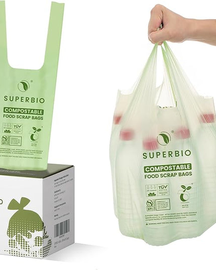 SUPERBIO 2.6 Gallon Compostable Bags with Handles, 100 Count,1 Pack, Food Scrap Bags Certified by BPI and OK compost INDUSTRIAL, 9.84L