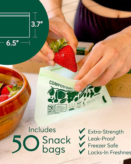 Cleanomic Compostable* Snack Size Food Storage Bags (50 Eco Zip) Freezer and Leak Proof, Also Available Gallon, Quart and Sandwich Size Bags