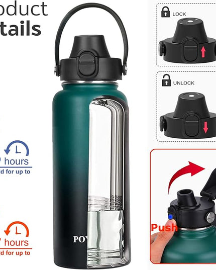 Water Bottle Insulated 32oz 40oz 64oz 128oz Straw Lid Spout Lid & 3 Lids, Leak Proof, Vacuum Insulated,Stainless Steel Water Bottle Wide Mouth for Sports, Gym or Office