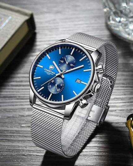 GOLDEN HOUR Mens Watch Fashion Sleek Minimalist Quartz Analog Mesh Stainless Steel Waterproof Chronograph Watches for Men with Auto Date