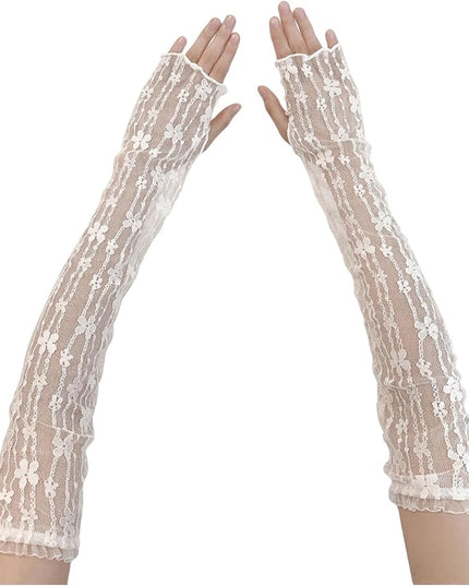 SHENHE Women's Sheer Lace Tulle Gloves Fingerless Elbow Length Arm Sleeves Mittens