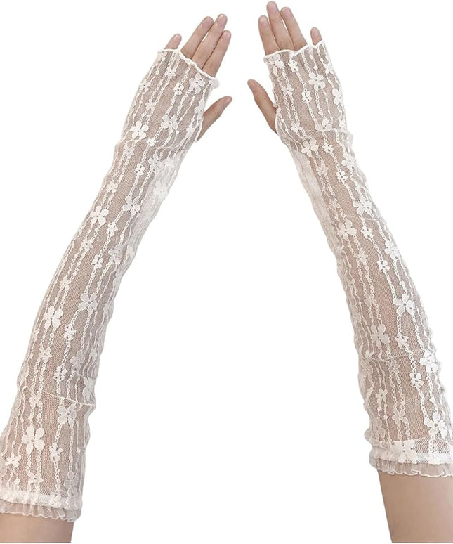 SHENHE Women's Sheer Lace Tulle Gloves Fingerless Elbow Length Arm Sleeves Mittens