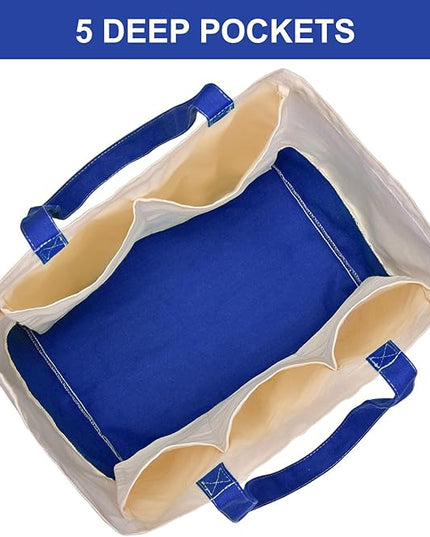 3 Pack Canvas Reusable Grocery Bags Heavy Duty, 8.3 gal Foldable Large Tote Bag with Handles, Holds 60 lbs Canvas Shopping Bags & Washable Eco-friendly Bags with 5 Pockets, Blue+Off White