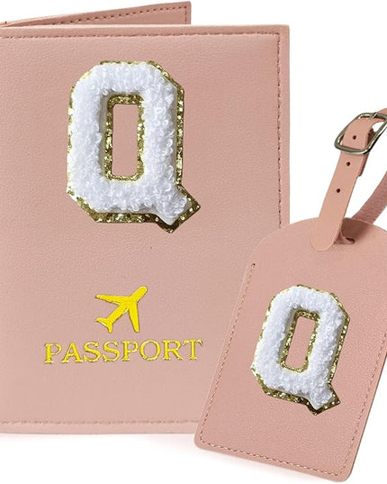 COSHAYSOO Passport Cover and Initial Luggage Tag Set with Preppy Chenille Letter Patch for Women Girls, Trendy Travel Bag Backpack Suitcase Identifier Halloween Valentines Gifts Pink Q