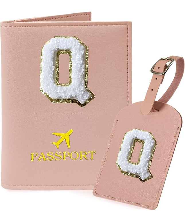 COSHAYSOO Passport Cover and Initial Luggage Tag Set with Preppy Chenille Letter Patch for Women Girls, Trendy Travel Bag Backpack Suitcase Identifier Halloween Valentines Gifts Pink Q