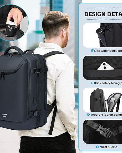 Vacuum Backpack Travel with Pump, 40L Expandable Carry on Compression Backpack Flight Approved for Women Men Fit 17 Inch Laptop with USB Charging Port Business Weekender