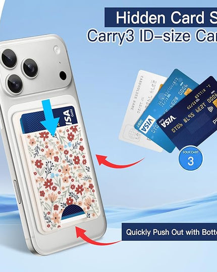 Stronger Magnetic Card Slot Wallet for iPhone 17/16/15/14/13/12 Series (Not for 13/12 Mini), Floral Pattern Hard Card Holder Fit 3 Cards Compatible with Magsafe Accessories, White