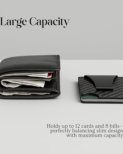 DEMVRI Carbon Fiber Wallet for Men Slim RFID Blocking Minimalist Card Holder with Money Clip, Scratch-Resistant Ultra-Light Metal Wallet, Compact Design, Gift Box Included