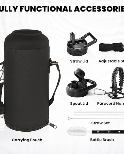 Insulated Water Bottle 87 oz, Triple Wall Vacuum Stainless Steel (Cold for 48 Hrs), Leak Proof & Non-BPA, Modern Water Flask Jug with Paracord Handle & Straw Spout Lids, Dark Grey