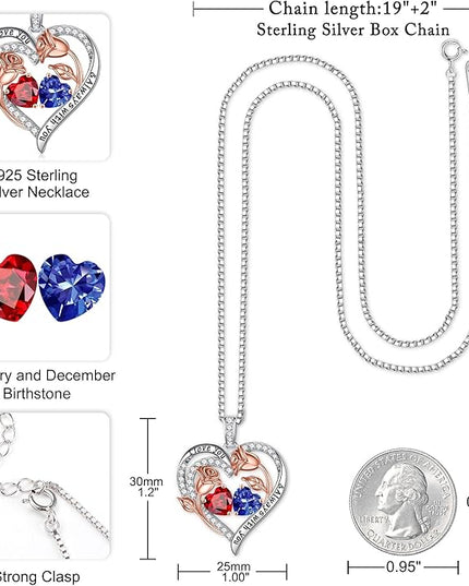 Iefil Christmas Gifts for Women Wife - 925 Sterling Silver Rose Heart Birthstone Necklace Birthday Anniversary Jewelry Gifts for Her Wife Mom Daughter