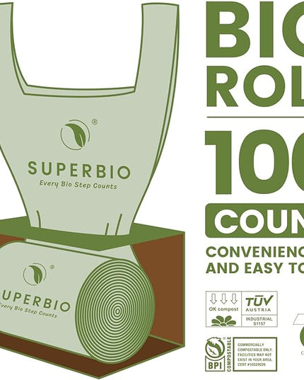 SUPERBIO 2.6 Gallon Compostable Bags, 100 Count, 2 Pack, 9.84L, Handle Tie Food Waste Bags, BPI and OK compost INDUSTRIAL Certified
