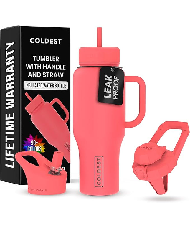 Coldest Tumbler with Handle and Straw - 100% Leak Proof Insulated Tumbler with Lid and Straw (3 Lids) - Stainless Steel Tumblers for Women & Men - Cup Holder Friendly Base, 36 oz (The Cardinal)