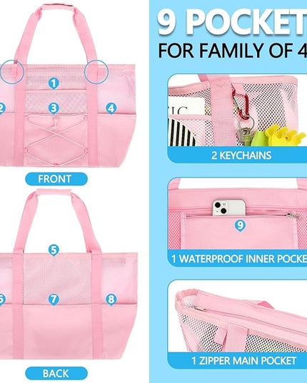 Mesh Beach Bag, Large Beach Tote with Zipper Pocket, Toys Pool Bag for Family Travel Vacation Cruise Essentials