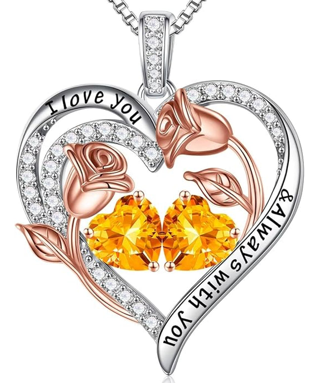 Iefil Christmas Gifts for Women Wife - 925 Sterling Silver Rose Heart Birthstone Necklace Birthday Anniversary Jewelry Gifts for Her Wife Mom Daughter
