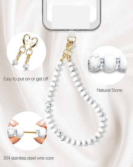 Natural Stone Beaded Phone Wrist Strap for Women – Detachable Chain Wristlet, Durable 304 Stainless Steel Core (Marble-White)