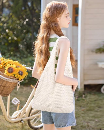 COOKOOKY Crochet Beach Tote bag Summer Beach Bag for Women Aesthetic Mesh Tote Bag Hippie Bag Knit Bag