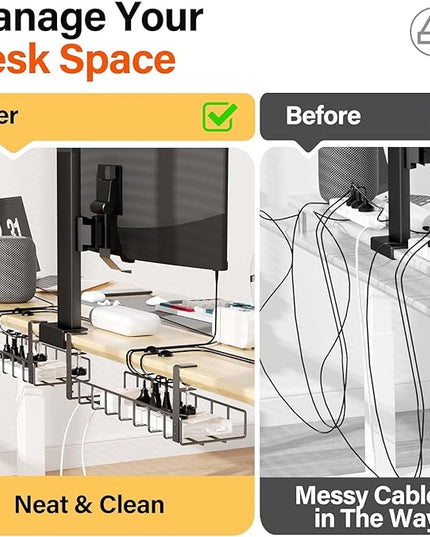 3 Pack Cable Management Under Desk Tray, 47.1" No Drill Under Desk Wire Management with Upgraded Clamp, Metal Cord Organizers with Cable Organizers, PC Cord Organization Rack, Black
