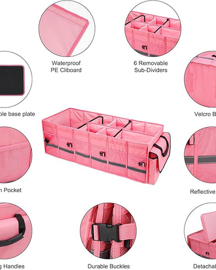Car Trunk Organizer and Storage with Lid & Removable Leakproof Cooler Bag, Customized Space Pink Car Interior Accessories for Women Collapsible Large Trunk Organizers for Sendan SUV, Jeep, MPV, BMW