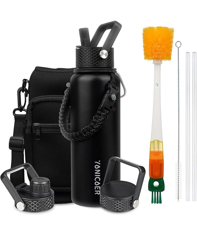 Insulated Water Bottle 40oz,Triple Wall Vacuum Stainless Steel(Dishwasher Safe),Leak Proof & Non-BPA,Flask Jug with Paracord Handle & Straw Spout Lids Sports Black