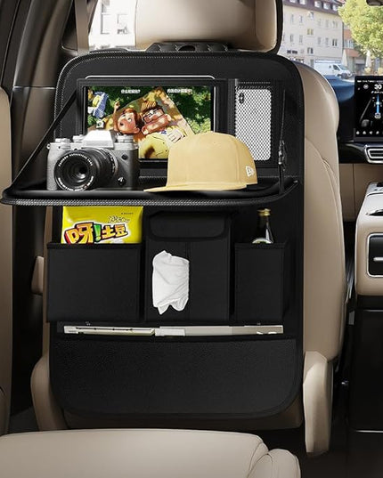 GMQ Back Seat Car Organizer 1 Pack,Backseat Organizer with Tray,Multifunctional Car Seat Back Storage Box with Foldable Tablet Holder (Black, Plain weave)