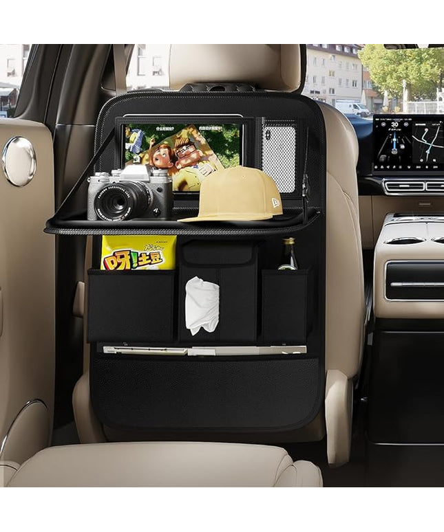 GMQ Back Seat Car Organizer 1 Pack,Backseat Organizer with Tray,Multifunctional Car Seat Back Storage Box with Foldable Tablet Holder (Black, Plain weave)