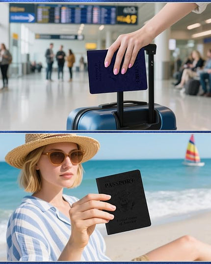 Passport Holder for Travel, 2 PCS Passport Holder, Travel Passport Holders Must Haves for Women Men, Passport Cover Passport Wallet Case Holders for Travels Cruise Ship Essentials, Black & Dark Blue