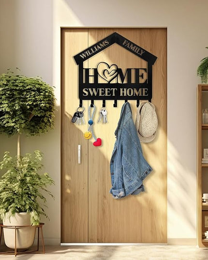 Kotagi Personalized Key Holder for Wall | Sweet Home Key Holder Wall Mounted | Black Metal Key Hanger Wall Decorative | Housewarming Gifts | Key Rack Organizer for Living Room, Bedroom, Entryway