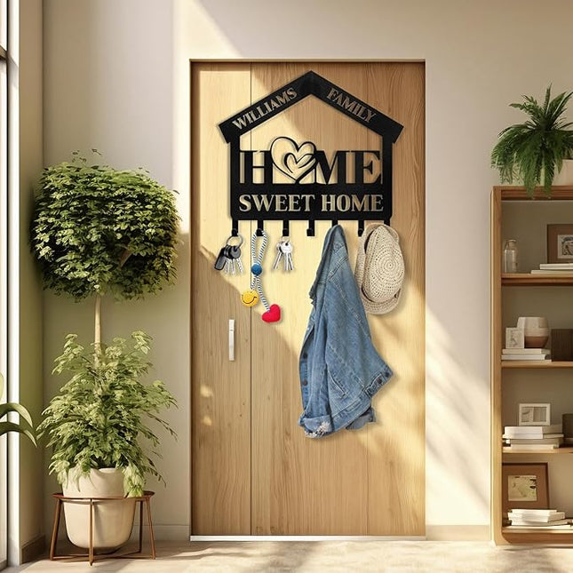 Kotagi Personalized Key Holder for Wall | Sweet Home Key Holder Wall Mounted | Black Metal Key Hanger Wall Decorative | Housewarming Gifts | Key Rack Organizer for Living Room, Bedroom, Entryway