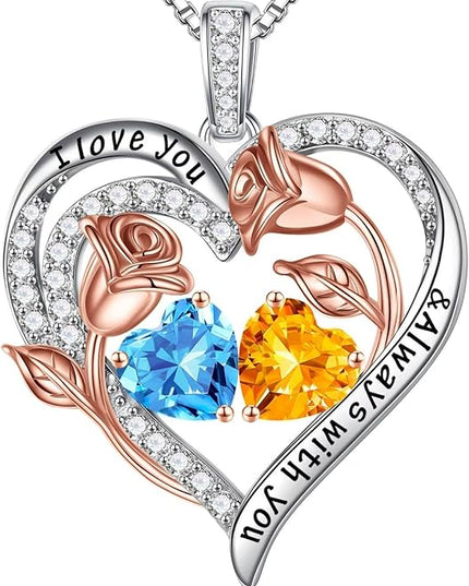Iefil Christmas Gifts for Women Wife - 925 Sterling Silver Rose Heart Birthstone Necklace Birthday Anniversary Jewelry Gifts for Her Wife Mom Daughter