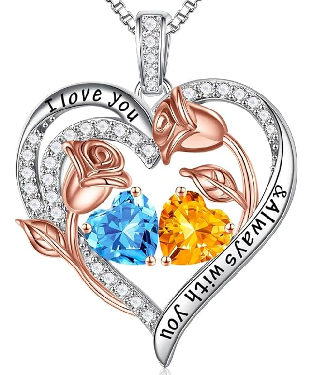 Iefil Christmas Gifts for Women Wife - 925 Sterling Silver Rose Heart Birthstone Necklace Birthday Anniversary Jewelry Gifts for Her Wife Mom Daughter