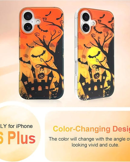 Halloween Case for iPhone 16 Plus Case [ Compatible with Magsafe ] Holographic Orange Sky with Black Castle, Bats, Ghosts and Pumpkins Pattern Design, Creative Magnetic Protective Phone Cover