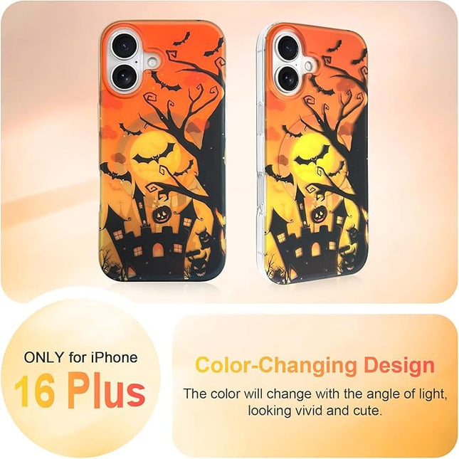 Halloween Case for iPhone 16 Plus Case [ Compatible with Magsafe ] Holographic Orange Sky with Black Castle, Bats, Ghosts and Pumpkins Pattern Design, Creative Magnetic Protective Phone Cover