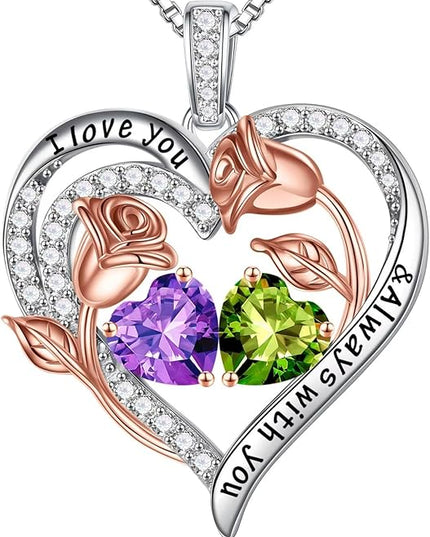 Iefil Christmas Gifts for Women Wife - 925 Sterling Silver Rose Heart Birthstone Necklace Birthday Anniversary Jewelry Gifts for Her Wife Mom Daughter