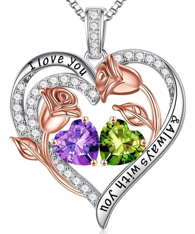 Iefil Christmas Gifts for Women Wife - 925 Sterling Silver Rose Heart Birthstone Necklace Birthday Anniversary Jewelry Gifts for Her Wife Mom Daughter
