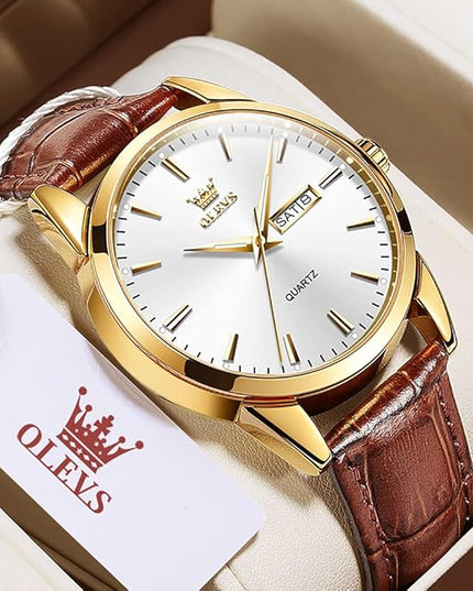 OLEVS Watches for Men Brown Leather Gold Case Analog Quartz Fashion Business Dress Watch Day Date Luminous Waterproof Casual Male Wrist Watches