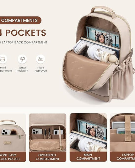 LOVEVOOK Laptop Backpack for Women with Pouch Pocket for Large Capacity Cup,15.6 Inch Laptop Computer Bag Travel Backpack Purse,Waterproof Work Business Backpack College Teacher Bags,Nude