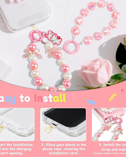2 Pcs Phone Charm Wrist Strap with Tether Tab, Double Anti Lost Cute Beaded Wrist Lanyard, Detachable Transparent Phone Charms for Bag, Key Chains, Camera Decor