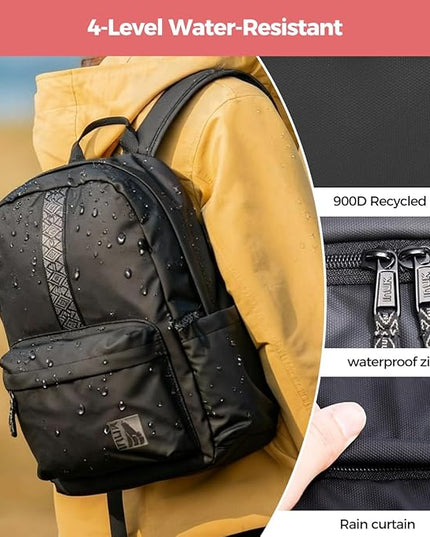 INUK Geometric Stripe Laptop Backpack, 13 Inch Water Resistant Backpack for College & Work, Recycled Travel Daypack Made from 24 Plastic Bottles, with Hidden Pocket & Luggage Strap, Black