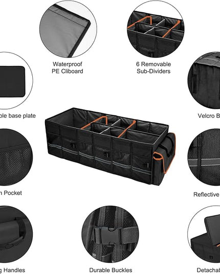 Car Trunk Organizer and Storage with Lid & Removable Leakproof Cooler Bag, Car Accessories 6 Removable Dividers for Custom Space, Collapsible Large Trunk Organizers Interior for SUV Sendan with Cover