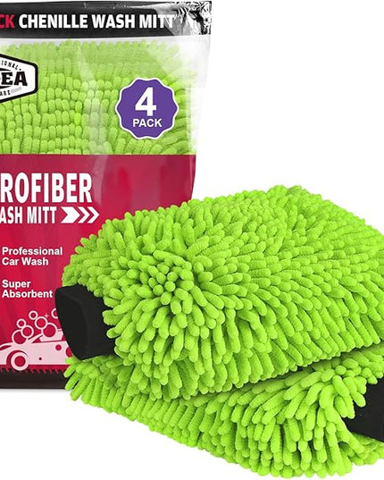 AIDEA Car Wash Mitt Microfiber, 4PK Scratch Free Lint-Free, Premium Chenille Microfiber Mitt Car Wash Brush, Green, Extra Large Size 8''X12''