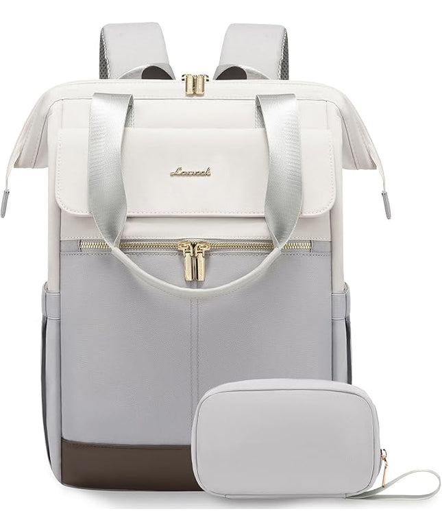 LOVEVOOK Laptop Backpack for Women, 15.6 Inch Work Laptop Bag with USB Port, Fashion Teacher Nurse Backpack Purse, Waterproof Travel Computer Backpack with Organizer Bag, 2PCS, Beige-Light Grey